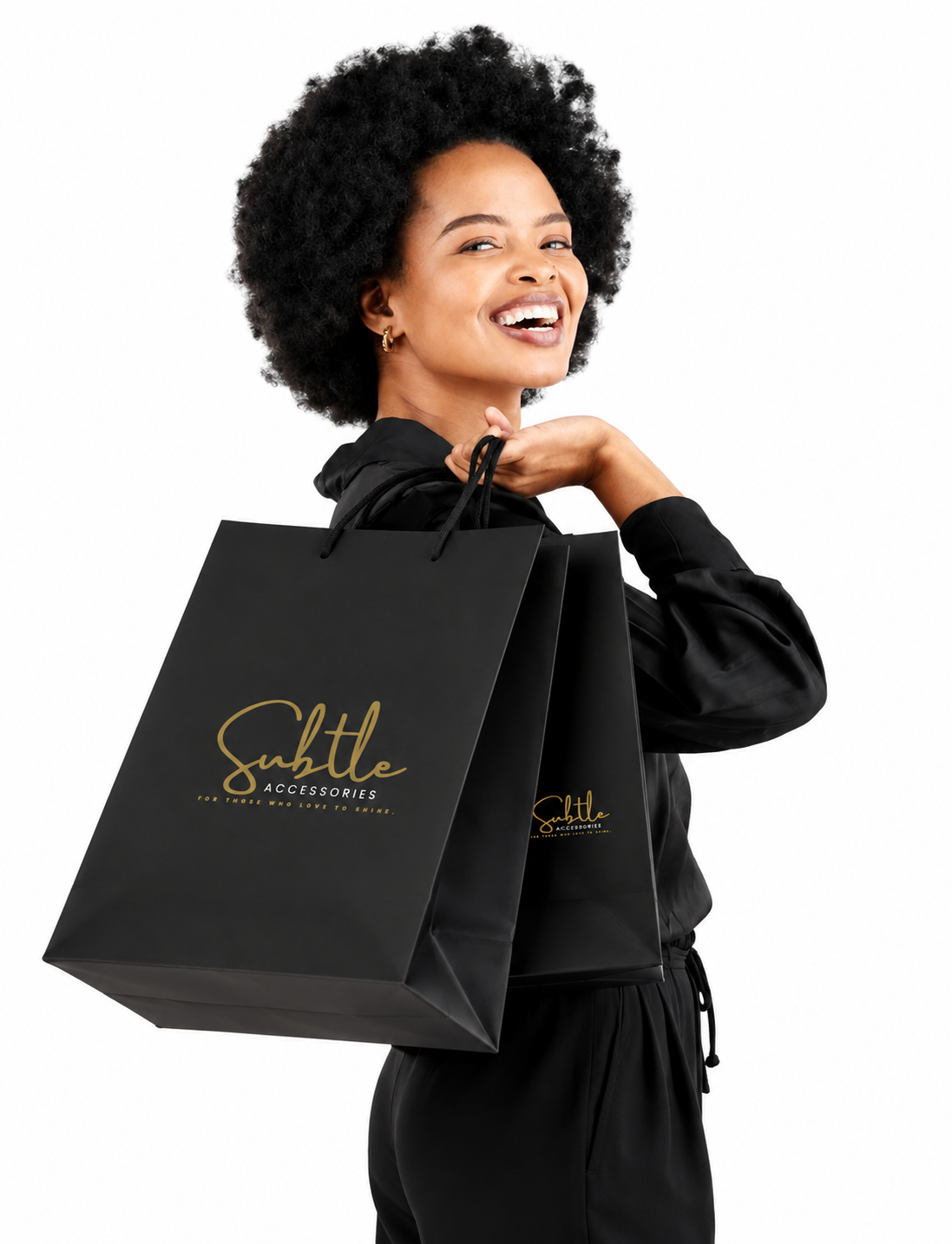 Subtle Accessories model with shopping bags